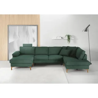 Candy Wohnlandschaft 3C CANDY "Lecce, wahlweise PUR-Schaumstoff oder Tonnentaschenfederkern U-Form", grün, B:339cm H:86cm T:220cm, 95% Polyester, 5% Nylon, Sofas, Wohnlandschaft, Bettkasten in Umbauecke und Longchair, sowie Querschläfer im 2-Sitzer