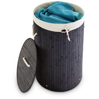 Relaxdays Wäschekorb Bambus, faltbare Wäschetonne mit Deckel, Volumen 70 l, Wäschesack Baumwolle, rund Ø 41 cm, schwarz