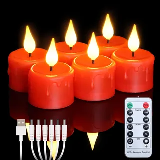 FREEPOWER 6er Rote LED Teelichter Wiederaufladbar mit Fernbedienung Timer Flackern Dimmbar Warmweiß Elektrische Kerzen Aufladbar mit USB Kabel, Halloween Weihnachten Familie Deko, Ø4x5,5cm