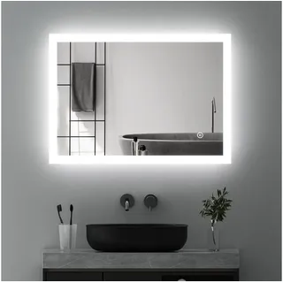WDWRITTI Badspiegel Wandspiegel Led 80x60 Speicherfunktion 3 Lichtfarbe Helligkeit dimmbar (Badezimmerspiegel mit Beleuchtung, Lichtspiegel, Spiegel Bad Led, Touch/Wandschalter), energiesparender,IP44 bunt