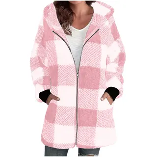 Dyhxuan Fleecejacke Damen mit Kapuze Kariert Teddyjacke Zip Up Plüschjacke Leicht Teddyfleece Jacke Karo Kapuzenjacke Casual Übergangsjacke Herbstjacke - XXL