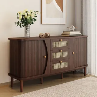 MODFU Kommode Sideboard mit 3 Schubladen und 2 Schiebetüren, Schrank Buffet Rattanschrank für Wohnzimmer, Schlafzimmer, Kinderzimmer, Jugendzimme... - Naturbelassen
