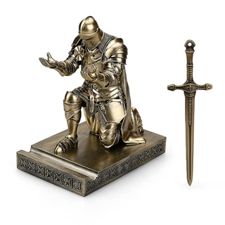 HDMbigmi King's Guard Leader Cloak Warrior Knight Stifthalter Handyständer, Ornament Ritter Statue, Stifthalter Briefbeschwerer mit einem Metallschwert Brieföffner für Büro und Zuhause (Bronze)