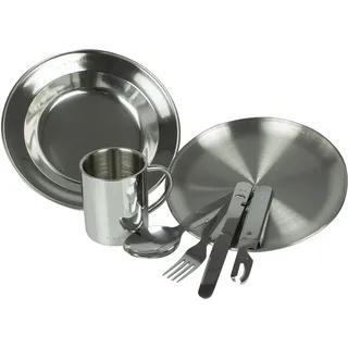 Camping Teller flach & tief. Besteck und Thermotasse Set | Edelstahl silber No Size