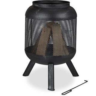 Relaxdays Feuerkorb, Mesh Design, Feuerrost, Schürhaken, HxD: 69 x 44 cm, Feuertonne, gebürsteter Stahl, schwarz-Silber
