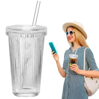 MAGICLULU Matcha Becher Schnippige Kaffeetasse Eiskaffeetassen mit Deckel Saftgläser iced coffee cup ice coffee cup geriffelte gläser trinkgläser Saftbecher mit Deckel Gläser mit Deckel Glas