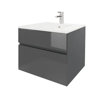 wohnartig® Stella Waschtischunterschrank – Hängend | Anthrazit | Anthrazit Hochglanz | 50,5 × 39,3 × 50 cm | Moderner Waschbeckenunterschrank mit Keramikwaschbecken | Waschbecken mit Unterschrank