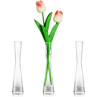 LuxusKollektion Tischvase Glasvase Modern 3er Set Handmade 20cm Hoch - Blumenvase schmal beige