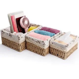 3 Pcs Aufbewahrungskorb Geflochten, 3 Größen Geflochten Aufbewahrung Badezimmer Körbe, Aufbewahrung Korb Set mit Stoffe, Wickeltisch Organizer Körbe für Kinderzimmer Küchen Schubladen Tischplatten
