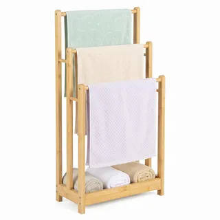 LIFEZEAL Handtuchständer Stehend, Duschtuchhalter Handtuchhalter Holz, Badetuchhalter Freistehend mit 3 Handtuchstangen & Ablage, Standhandtuchhalter 3-armig für Bad (Gelb)