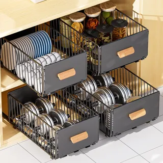 2 Stück Teleskopschublade, Küchenschrank Organizer für KüchenschräNke | Ausziehbare Schublade KüChe, Schubladen Organizer,Kein Bohren und Nageln Erforderlich (Schwarz, Breite 25 cm (2 Stück))