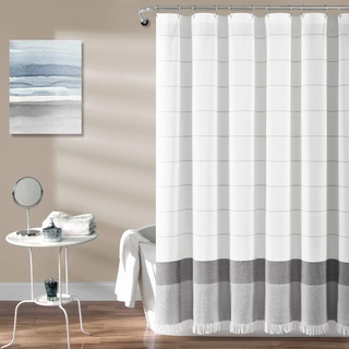 Lush Decor Duschvorhang aus gewebter Baumwolle, mit grauen Streifen und Fransen, Badezimmer-Zubehör (182,9 x 182,9 cm)