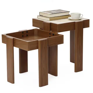 Hometopia 2er Set Beistelltische, quadratisch im Walnuss-Design | Satztisch mit Stein-Dekor, Nesting-Design, platzsparend, als Couchtisch & Nachttisch, für Wohnzimmer & Schlafzimmer, modern