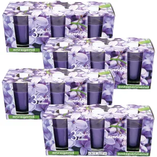 HS Candle Duftkerzen Classic 12er Pack im Glas, lange Brenndauer und angenehmer Duft (Lavendel)