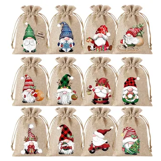 Weihnachtsbeutel mit Kordelzug – 12 Stück Wichtel-Geschenkbeutel mit niedlichen Mustern, wiederverwendbare Stoffbeutel für Leckereien, Süßigkeiten, Geschenke, kleine Geschenke | Urlaubsparty-Dekoratio - 1 stück (12er Pack)