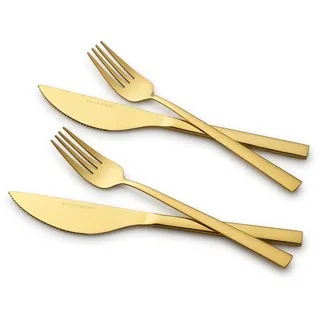 Echtwerk Pizzabesteck-Set, Pizzaset, Steakbesteck, Essbesteck 4-teilig für bis zu 2 Personen, Mit 2 Pizzamessern und 2 Pizzagabeln aus Edelstahl, Gold-Edition, EW-PK-2203G