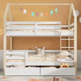 Flieks Etagenbett 90x200cm für 2 Kinder, Hochbett mit Rausfallschutz, Hausbett Stockbett Kinderbett mit Schubladen und Leiter - Weiß/Naturbelassen