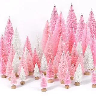 30 Stück Mini-Weihnachtsbäume, künstlicher Weihnachtsbaum, Flaschenbürste, Bäume mit Holzsockel, für Weihnachtsdekoration, Weihnachtsfeier, Zuhause, Tischbasteldekorationen (Rosa + Weiß)
