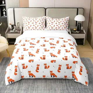 Loussiesd Fuchs 100% Baumwolle Bettwäsche Set,Weich Niedlich Cartoon Fuchs Square Bettwäsche-Set,Tier Woodland Fuchs Braun Natural Bettbezug Sets 155x220cm