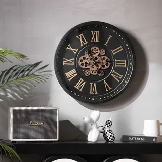 K&L Wall Art 46cm große Zahnrad Wanduhr industrielle Wohnzimmeruhr XXL Vintage Metalluhr bewegliche Zahnräder schwarz-Gold