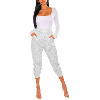 Pailletten Hose Damen High Waist - Glitzer Hose Damen mit Gummizug Drawstring Schlupfhose Damen Sexy Rüschen Paperbag Freizeithose Elegant Hochzeit Damenhosen Party Festliche Lange Hosen Frauen