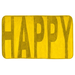 WENKO Badematte Memory, rutschhemmend, flauschiger Badteppich in Gelb mit Schriftzug Happy für Badezimmer und Gäste-WC, dekorative hochflorige, schwere Oberfläche aus 100% Polyester, 50 x 80 cm