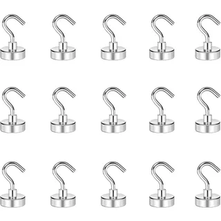 PARFCO 15 Stück Magnetische Haken, 5.5kg Extra Stark Magnet Haken, Silber Magnet mit Haken, 15mm Durchmesser Magnethaken Klein, für Küche Garage Büro
