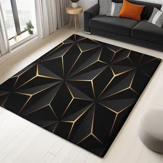 Srigzcaly Teppich Wohnzimmer, Teppiche rutschfest Waschbar in Outdoor 80 X 150 cm Dreidimensionales Geometrisches Schwarz-Gold-Design Teppiche Kurzflor mit Teppich für Schlafzimmer Wohnzimmer