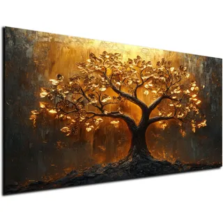 DARO Design® Bild auf Leinwand Groß 84x56 cm XXL Schlafzimmer Bilder Badezimmer Wand Deko Wohnzimmer Modern Wanddeko Bilderwand Geschenk Abstrakt Lebensbaum Baum Schwarz Gold Strahlen