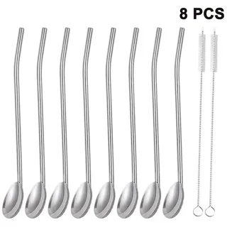 8er Set Edelstahl Trinkhalme Löffel, Wiederverwendbare, Spülmaschinengeeignete Trink-löffel, 2 In 1 Strohhalm & Löffel Ideal Als Latte Macchiato Und Cocktail-löffel, Farbe: Silber