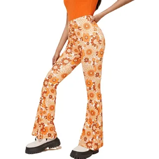 EMATOP Hose Damen Boho Strandhose Hippie Blumen Schlaghose Weites Bein Palazzo Sommerhose Elegant High Waist Bootcut Freizeithose Schön Blumen Druck Caprihose Elastische Taille Yogahose