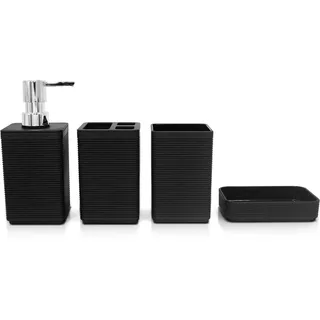 Liuonnam Badezimmer-Zubehör-Set, 4-teiliges Kunststoff-Geschenkset mit Zahnbürstenhalter, Zahnputzbecher, Seifenspender, Seifenschale (schwarz)