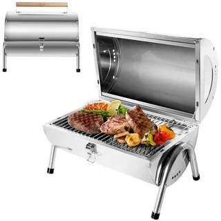 SunJas Holzkohlegrill CA-S22A Edelstahl tischgrill holzkohle Doppelgrillfläche 34 x 21,5 cm, Edelstahl Klappgrill Campinggrill  Reisegrill  Koffergrill