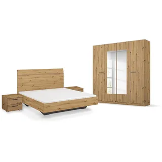 Rauch Möbel Florenz, Schlafzimmer-Set, Farbe Eiche Artisan, 4-teilig | Set bestehend aus Bett, Liegefläche 160x200cm, Nachttisch-Paar 2 Schubladen 40x36x40cm, Kleiderschrank, Spiegel 181x210x54cm