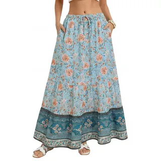 Kate Kasin Damen Blumen Boho Fließende Rocke A Linie Elastische Taillen Maxirock Casual Frühling Sommer Urlaub Röcke Blaugrün M - M