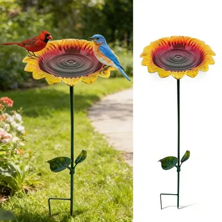 Vogeltränke Stehend, Metall Vogelbad im Sonnenblumen Design, Vogelfutterspender Vogeltränke Garten, Wassertränke für Vögel, Wildvögel Wassertränke Stehend mit Erdspieß für Draußen Garten Hof Rasen (C)