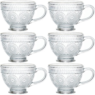Kingrol 6 Stück Glaskaffeebecher mit Henkel, 380ml geprägte Teetassen, Vintage-Trinkglas für Wasser, Milch, Latte, Cappuccino, Dessert, Getränk