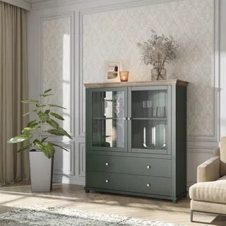 Lomadox Highboard mit Glaseinsätzen und LED Beleuchtung Landhaus grün mit Lefkas Eiche Nb., B/H/T: ca. 126/138/42 cm