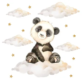 Pandawal Kinderzimmer Deko Wandtattoo Panda mit Wolken Sterne Junge Mädchen Wandsticker Baby Safari Tiere Wandaufkleber (S, Panda)