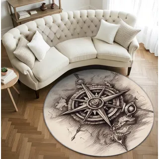 AevuCub Kompass Teppich Rund 120cm Kurzflor - Waschbare Teppiche Wohnzimmer Vintage Nautisch Maritim - Runder Teppich 120 Durchmesser Kinderzimmer - Bettvorleger Schlafzimmer rutschfest Weich