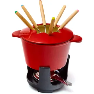 Bonvivre© Gusseisen Fondue Set für 6 Personen - 1 Liter - Fondueset 13-teilig mit Brenner und 6 Gabeln - Emailliert Rot