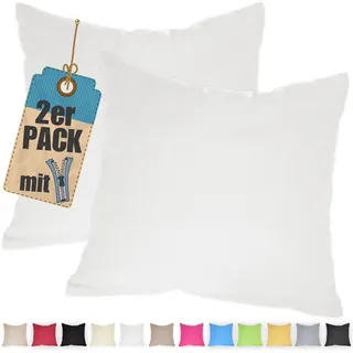 2er Pack Kissenbezug 80x80 cm Weiß Baumwolle Kissenhüllen | Doppelpack, Reißverschluss verdeckt, waschbar, atmungsaktive Baumwoll-Mischgewebe (85% BW, 15% Poly), Kopfkissenbezug
