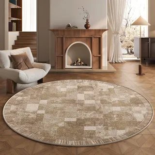 RBQIZVW Vintage Waschbarer Teppich Rund 180 cm Runder Wohnzimmer Beige Schlafzimmer Rutschfester Rund Teppich Kurzflor Schlafzimmer Esszimmer Teppiche Runder Büro