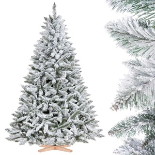 FairyTrees Weihnachtsbaum künstlich 180cm FICHTE mit Christbaum Holzständer | Tannenbaum künstlich mit Natur-Weiss Schneeflocken | Made in EU