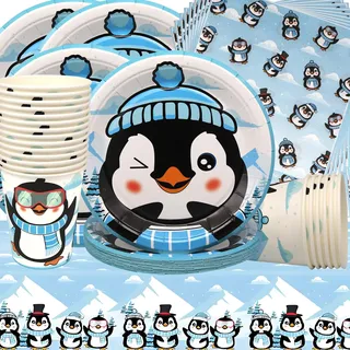 Pinguin Geburtstag Deko,Doyomtoy Pinguin Partygeschirr Geburtstagsteller Tassen Servietten Safari Geburtstag für Kinder Babyparty Deko 20 Gäste
