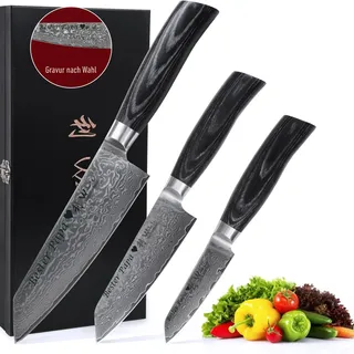 Wakoli EDIB Pro Black Damastmesser Set mit Gravur – Personalisiertes 3er Kiritsuke Messerset, 17 cm, 12 cm & 9 cm Klingen aus 67 Lagen Damaststahl (VG10-Kern), Pakkaholzgriffe – in Holzbox