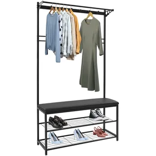 HUOMMGS Garderobe mit Sitzbank Freistehend Gaderobe mit 6 Haken & 5 Doppelhaken Bis 100KG Flurgarderobe 104 x 35cm Garderobenschrank Modern Schuhschrank mit Garderobe für Foyer, Eingang (Schwarz)