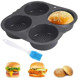 Burger Brötchenblech mit Antihaftbeschichtung, Perforierte Backform für 4 Burger Buns, Rund Silikon Hamburger Brötchen Blech Brotform, Bunform für Brot, Brötchen, Puffs,Törtchen,Ei Muffin,Torte,Kuchen
