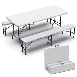 VOUNOT Bierzeltgarnitur Klappbar 3-teilig Set, 1 Biertisch & 2 Bierbänke, Festzeltgarnitur 180 * 75 * 75cm Gartengarnitur Campingset Weiß