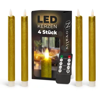 Stabkerzen LED mit Timer GOLD 4 Stück GOLD indoor - 6 Stunden - ECHTWACHS 23cm Höhe für Kerzen 2,2cm Durchmesser 2 AAA Batterien notwendig LED Stabkerzen flackernde Flamme bewegliche Flamme Licht